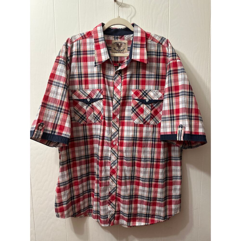 American Heritage Men’s 4X Plaid Short Sleeve Shirt Red Blue Patriotic Colors